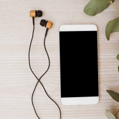earphone-mobile-phone-leaves-wooden-background